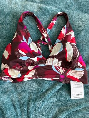 Athleta Floral Plunge Bikini Top in Burgundy, Hot Pink & Cream
